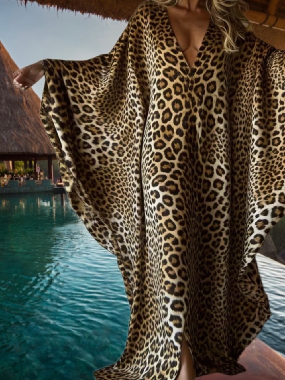 Leopard Print Kaftan Dress V-Neck Luxury Maxi Resort Dress Beach cover-up NEW